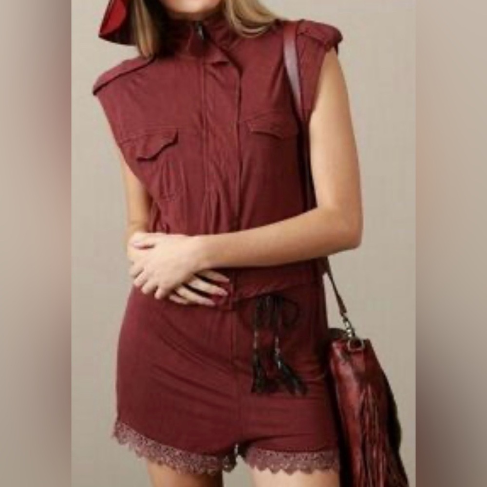 POL Woman’s Washed Burgundy Romper w/ Lace Trim, Size S, NWOT
